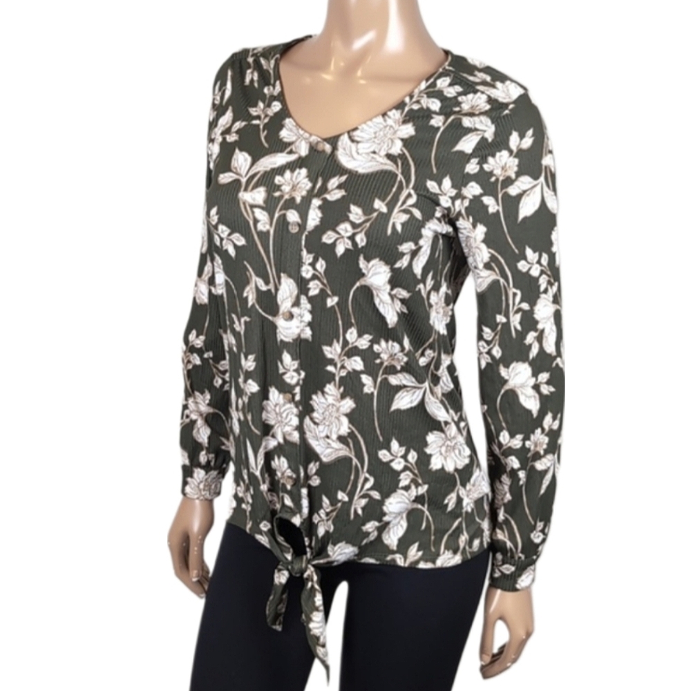 Lily Morgan Long Sleeve Floral Top Ribbed Tie Hem Buttoned Blouse Size Small